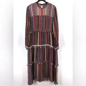 ZARA Women’s Boho Striped Halle Berry Pompom Tiered Midi Dress 6895/264  LARGE